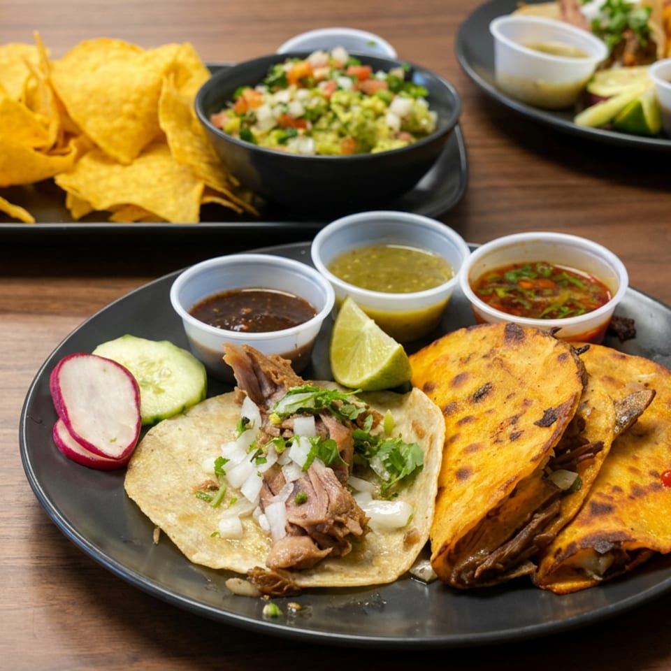Mexican feast with birria tacos, quesabirrias, tortilla chips, salsa, guacamole, lime, and garnishes on black plates.