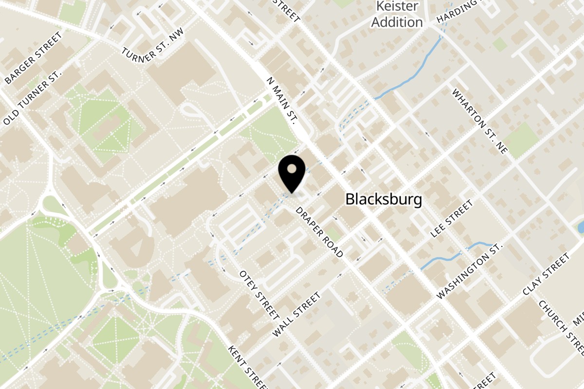 Map showing the location of The Burg Resto-Bar on 204 Draper Rd NW in Blacksburg